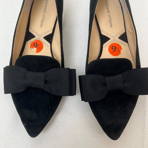 Adrienne Vittadini Pointed Toe Low Heel Black Suede Flat Ballet Ribbon Bow 9.5 - Picture 2 of 10